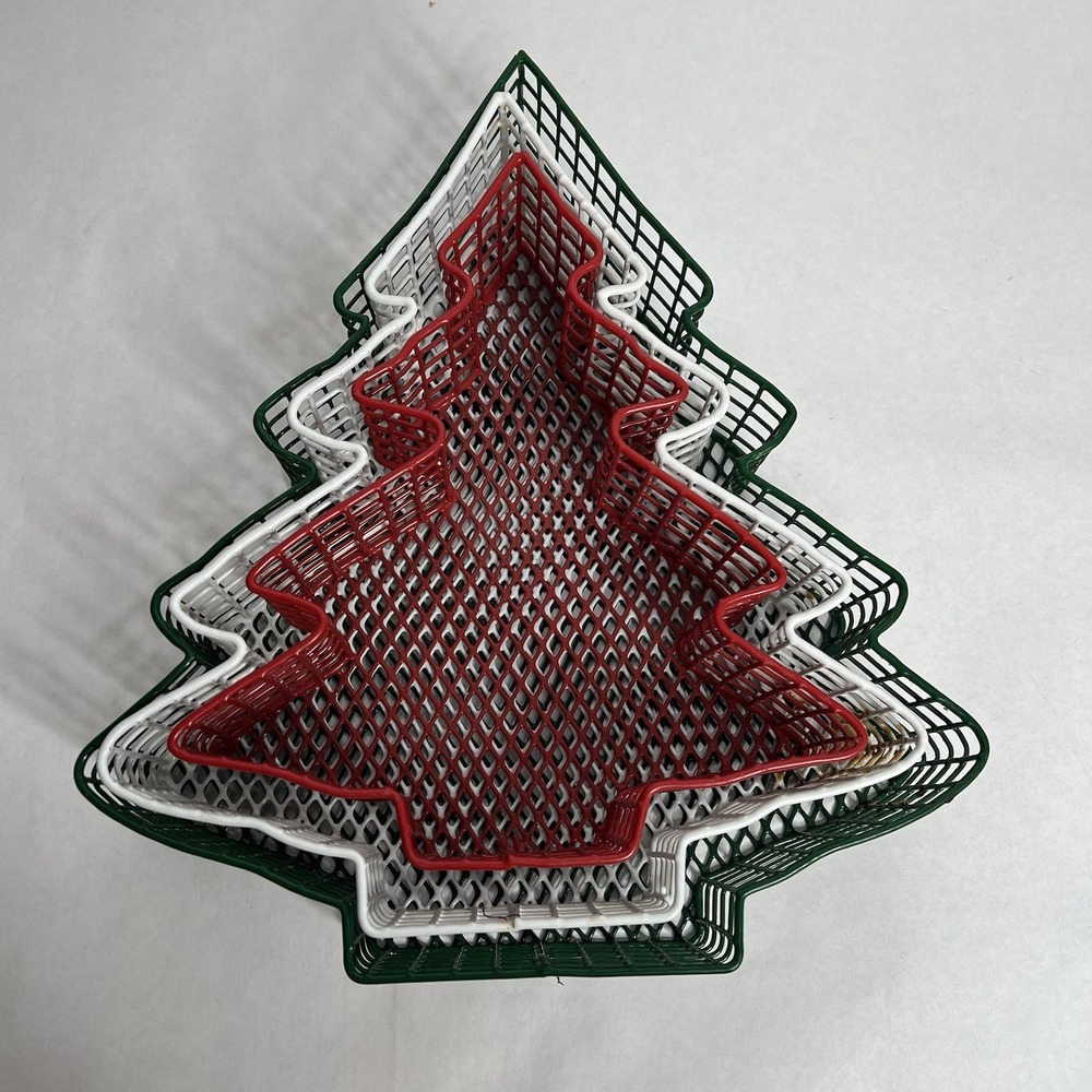 Vtg Nesting Metal Christmas Tree‎ Shaped Decor Wire Basket Set 3 Red Green White